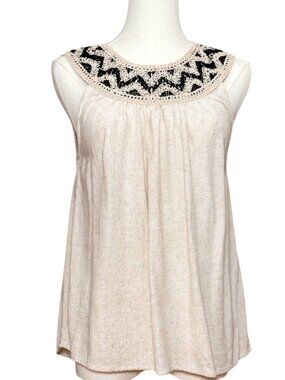 Linen Tank Crochet CollarOatmeal Off White Black